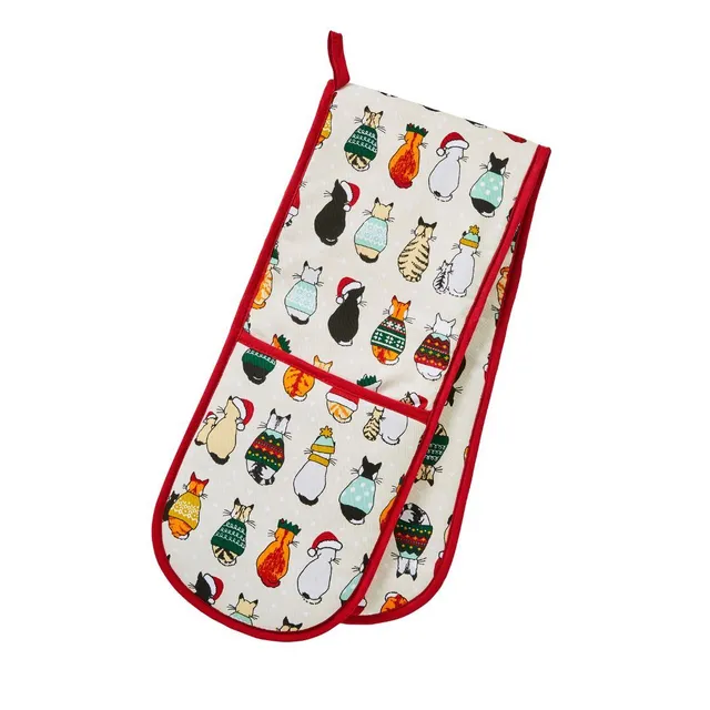 ulster-weavers-christmas-cats-in-waiting-doppel-ofenhandschuh-rot-creme image 1